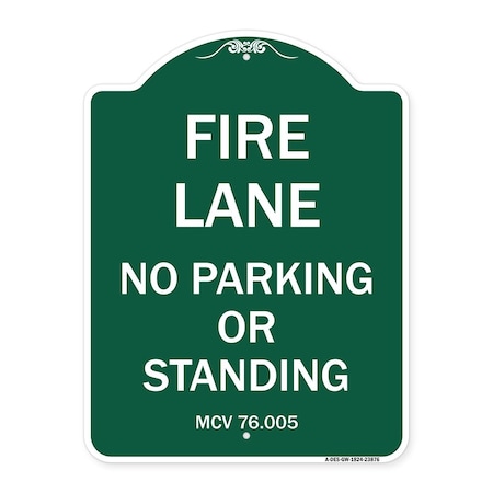 Signmission Michigan Fire Lane No Parking or Standing, Green & White Aluminum Sign, 18" x 24", GW-1824-23876 A-DES-GW-1824-23876